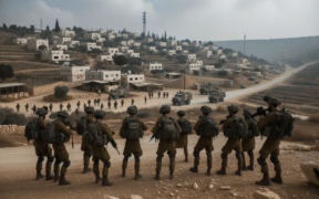 Imagen 16:9 de varios soldados israelíes en Kfar Aza, Israel. Se encuentran realizando una patrulla, y el ambiente es sereno. Las construcciones y estructuras de Kfar Aza están presentes en el fondo. FOTO: DALL-E